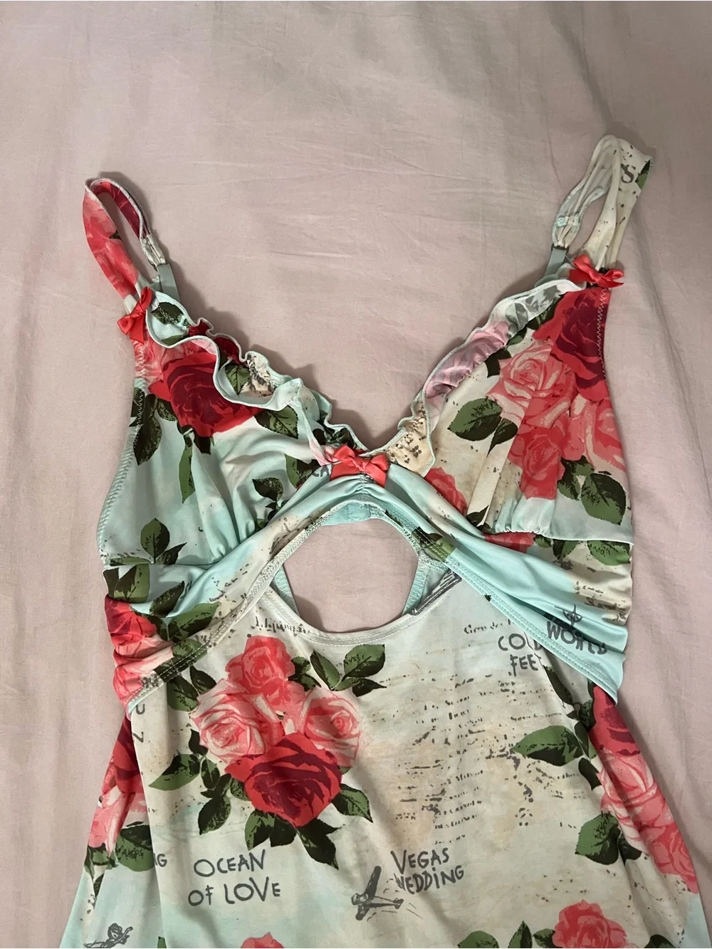 Betsey Johnson Light Blue Chemise with Pink & Red Rose Print